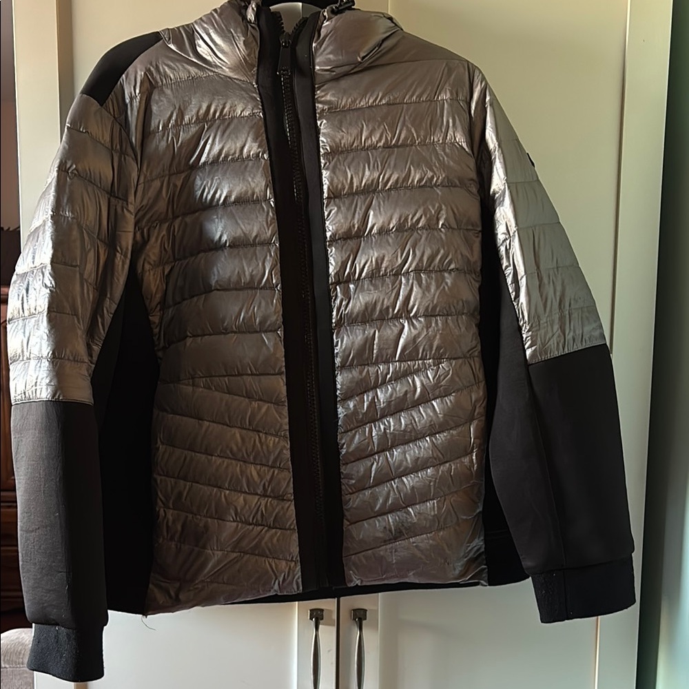 DKNY Silver and Black Puffer Jacket with Quilted Design